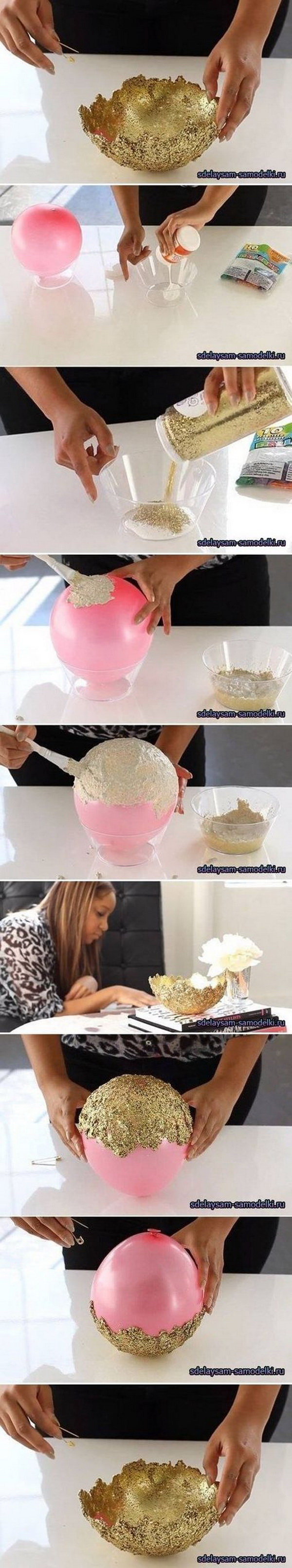 DIY Glitter Bowl. Make stunning glitter bowls with a balloon and mod podge! They’re perfect for parties, weddings or just to add a touch of sparkle to your dining room table. 