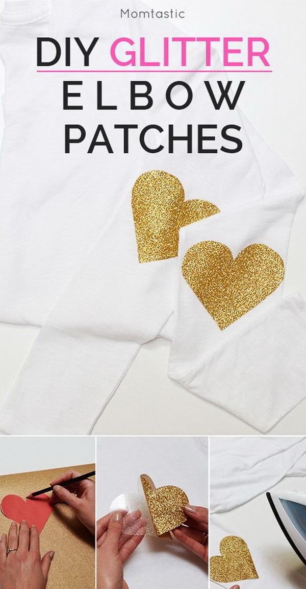 DIY Elbow Glitter Patches. Add a little sparkle to any piece of clothing or accessory! These DIY glitter heart elbow patches will turn any plain tee into a fun piece you'll want to wear all the time! 