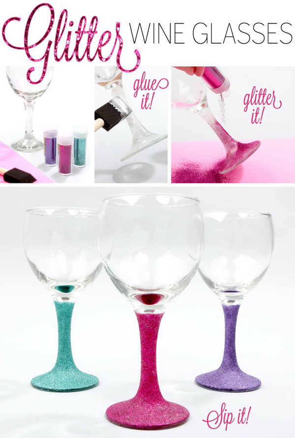 DIY Glitter Wine Glasses. Add a touch of sparkle to your wine glasses! They are perfect for birthday presents, bachelorette parties, weddings, and other fancy occasions. 