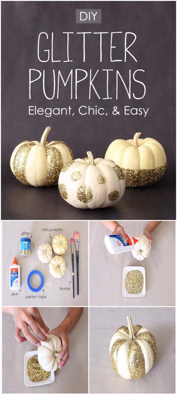 DIY Glitter Pumpkins. An easy and sparkly DIY project to add some rustic glam to your mantel this fall! 