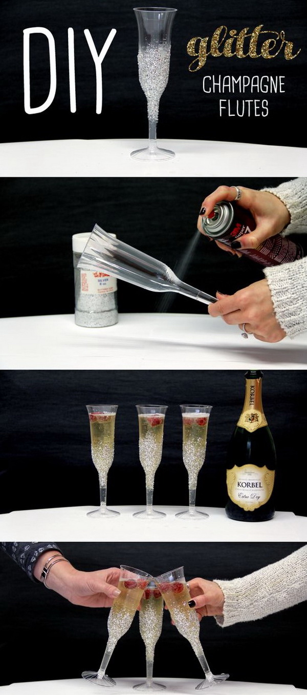 DIY Glitter Champagne Flutes. These glitter champagne flutes will surely make your holiday party a little fancier. They are also easy and affordable to make by yourself. 