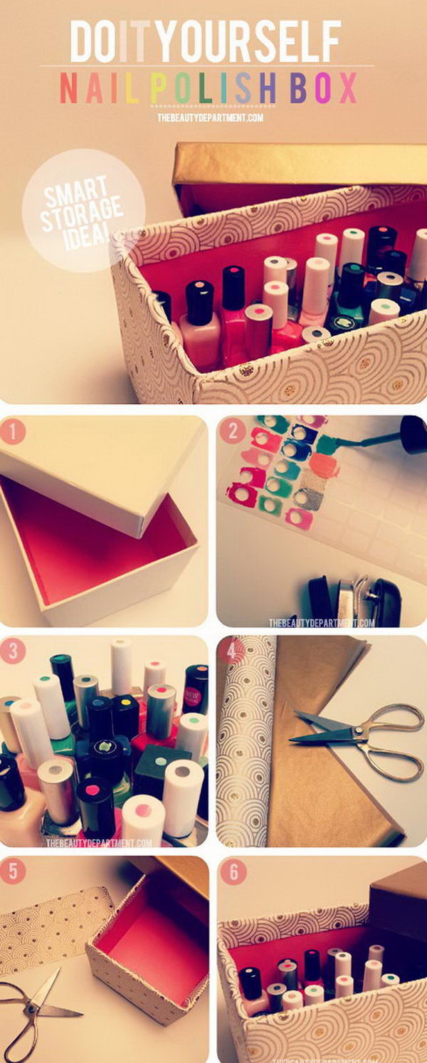 Smart Organizer for Nail Polishes. Dress up a shoe box by anyway as you like, label the colors on the cover of the nail polishes. It is a super smart way to get your innumerable nail polishes organized and find the colors easier when you need it next time.