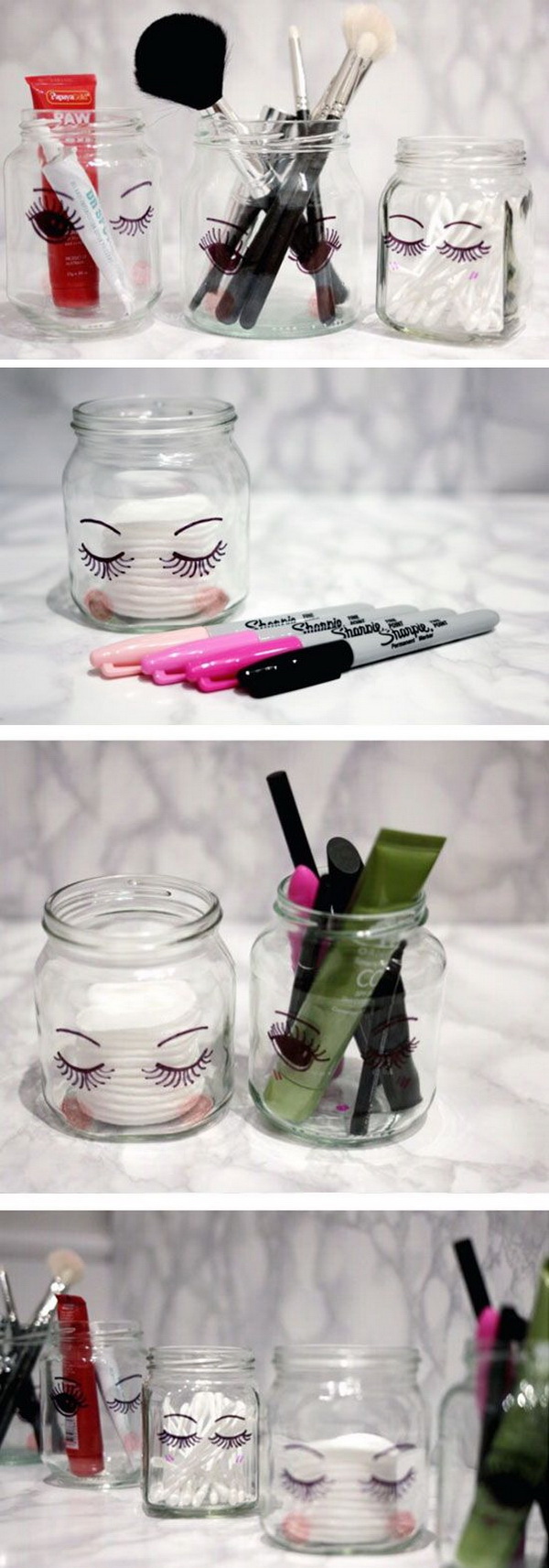 DIY Sharpie Make Up Storage Jars. These sharpie jars look super cute in their simplicity when place in your bathroom or vanity. Super easy, fun and quick to make in several minutes. 