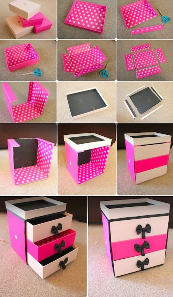 DIY Box Organizer Drawer Cardboard. Never throw away the shopping boxes next time! You can turn them into a cute storage solution like this drawer to your makeups. It is perfect in a girl’s room.