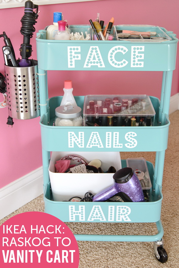 DIY Rolling Vanity Cart. Turn the Ikea Raskog into a rolling makeup storage unit in the house. Label each shelf to organize properly and set it up near your vanity mirror for ease of use. 