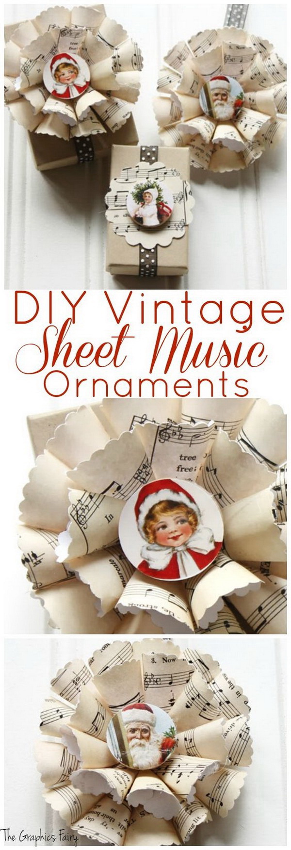 Sheet Music Christmas Ornaments. Great Christmas ornaments made with old sheet music sheets and embellishments! These paper ornaments would be great on the top of a gift as decoration!