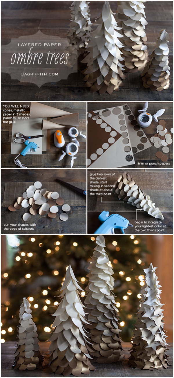 DIY Gold Ombre Trees for Your Holiday Decorations. These ombre trees are made with three shades of metallic paper. They are simple to make with a few tools and will dress up your Christmas decor in a handcrafted way. 