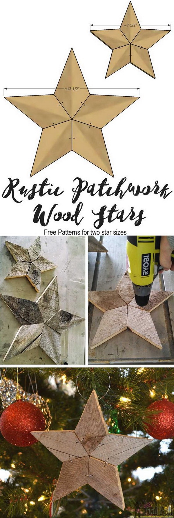 Rustic Patchwork Wood Star Ornaments. Make these fun rustic patchwork stars out of barn wood and add some natural elements into your Christmas decor.