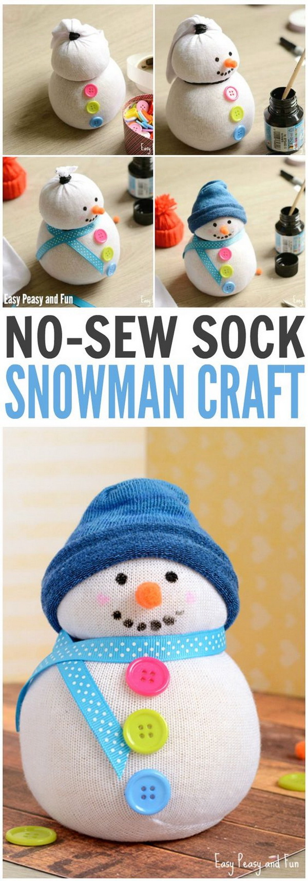 No-Sew Sock Snowman Craft. Transfer the odd socks into this cute DIY gift for this winter holiday in several steps! 