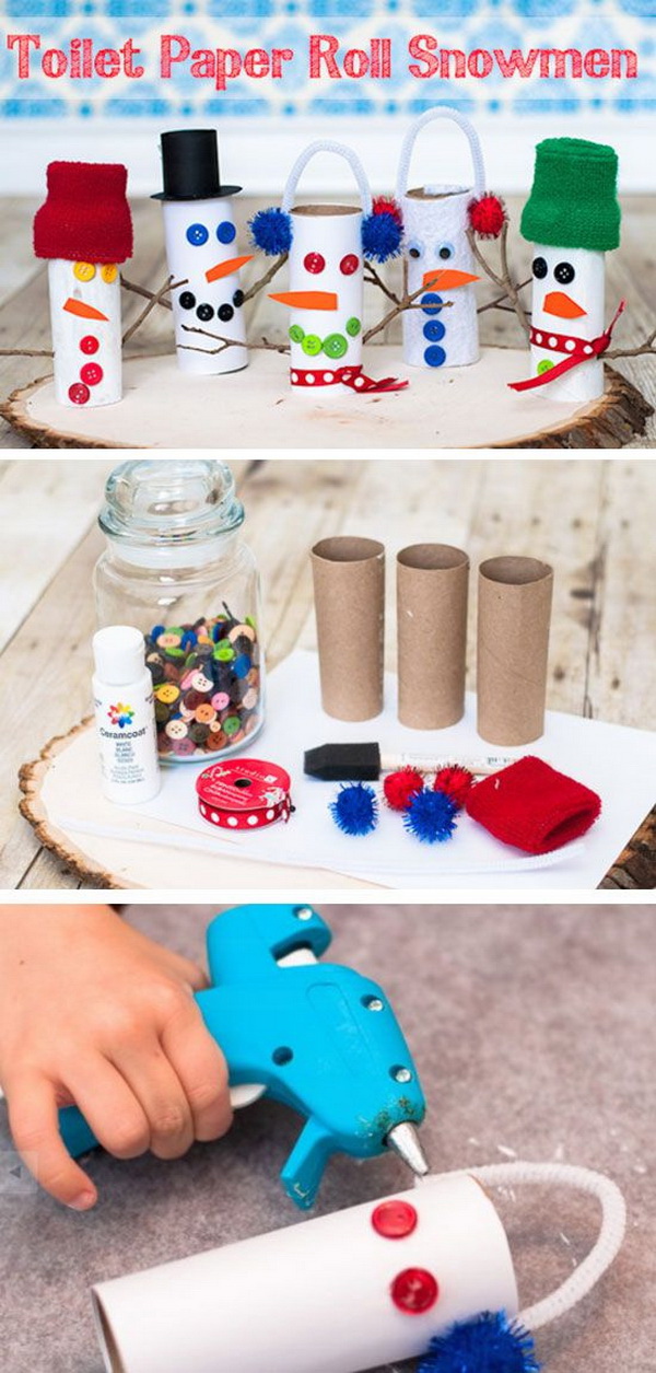 Toilet Paper Roll Snowmans. A perfect Christmas craft for your kids to do with these cute DIY toilet paper roll snowmans!
