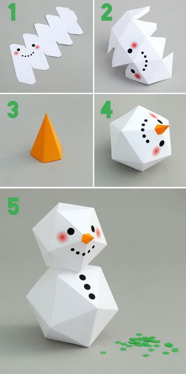 DIY Geometric Paper Snowman. Simply print out the templates and then cut, fold and glue them together. This super cute geometric paper snowman is perfect to be used as Christmas tree decorations. 