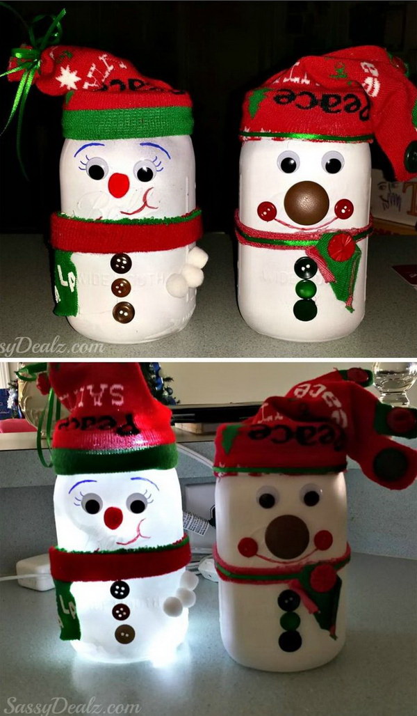 DIY Snowman Mason Jar Light. This DIY snowman mason jar light will be the perfect winter or Christmas craft to make with your kids. All you need is a mason jar, white paint, buttons, googly eyes, markers, Christmas socks, fabric pieces or string, pom poms, etc. 