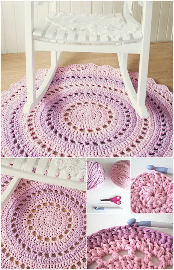 Crochet T-shirt Yarn Rug. Learn how to make a round rug using repurposed T shirt yarn as a cozy addition to any room in your home.