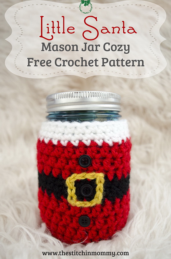 Little Santa Mason Jar Cozy. This little santa mason jar cozy takes about an hour or so to work up and is super festive for the season! It can also be the great giving gifts for holiday!