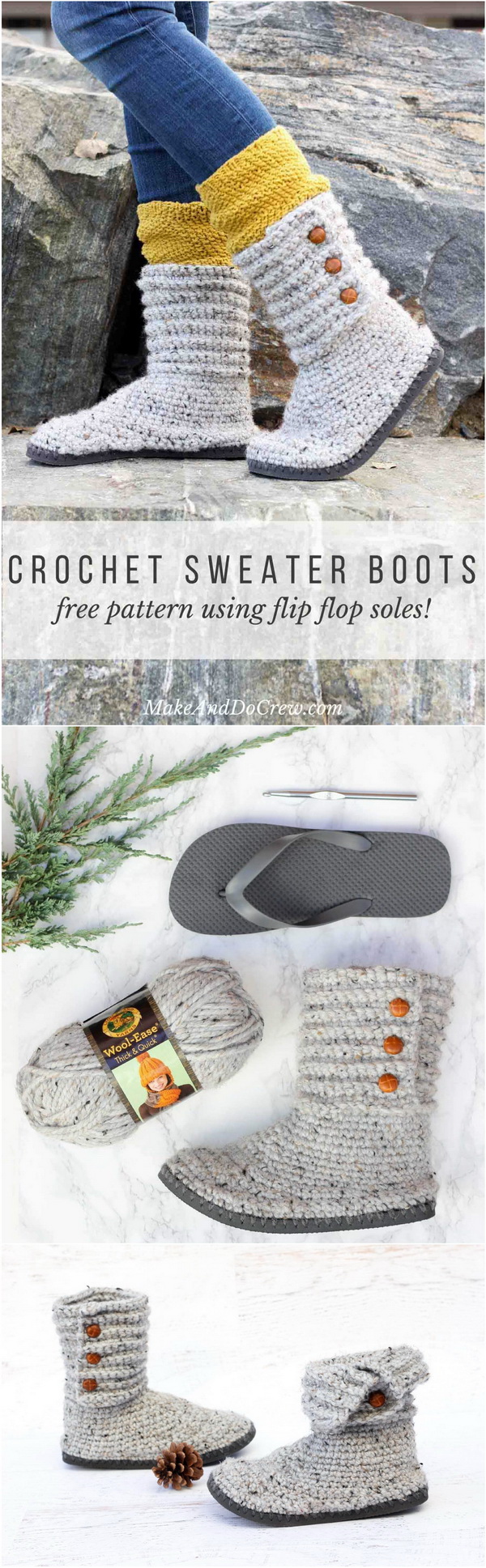 Crochet Sweater Boots With Flip Flops. Transform a cheap pair of flip flops into these excellent sweater boots that look like expensive store-bought shoes. 