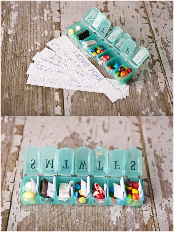Seven Days Of Love. Surprise your beloved one with seven days of thoughtfu love notes or quote and a few pieces of candy in a special pill box container on Valentine's Day! He will love this gift very much! 