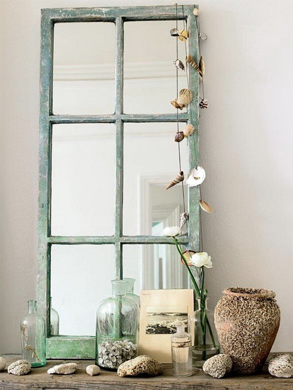 Beach Style Mirror Decoration. Upcycle the vintage floor mirror into a beautiful decor for your entry way! The decorative seashells really change and enhance the look of current space. 