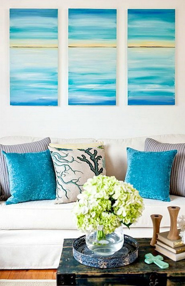 Easy DIY Ocean Canvas Art. Bring your home a soothing beach vibe with this easy DIY ocean canvas art! It is quick and easy and super cheap to make too. 