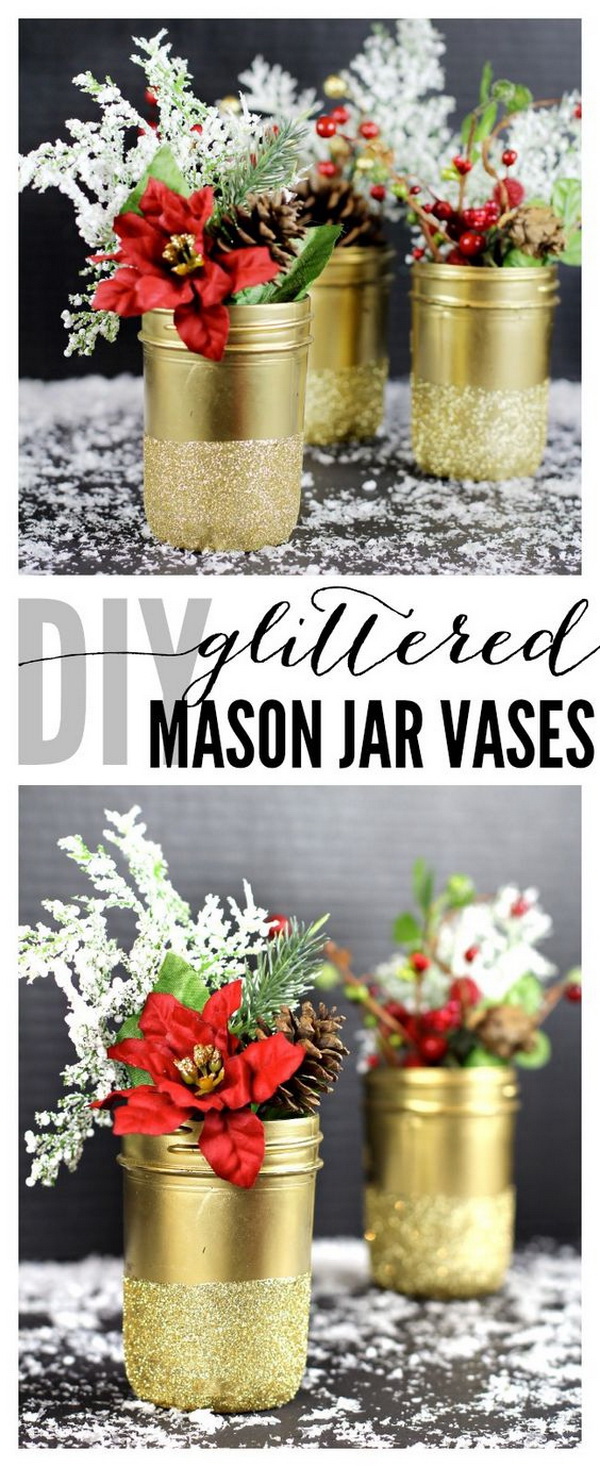 Gold Glittered Mason Jar Vases. 