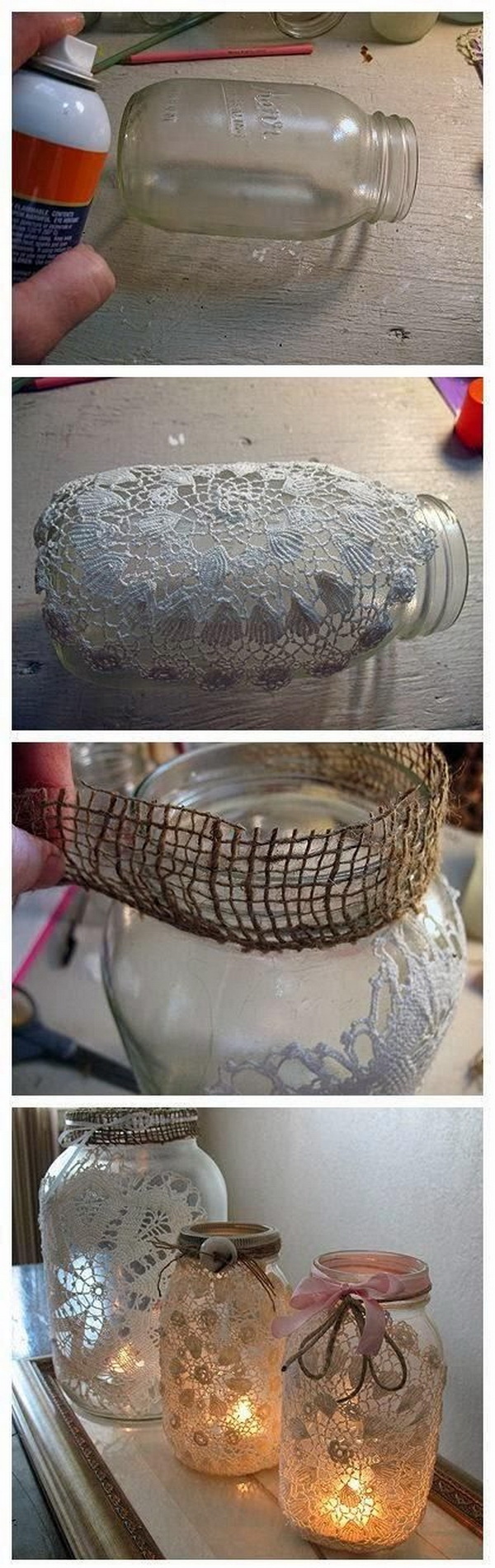 DIY Burlap and Doily Luminary Jars. 