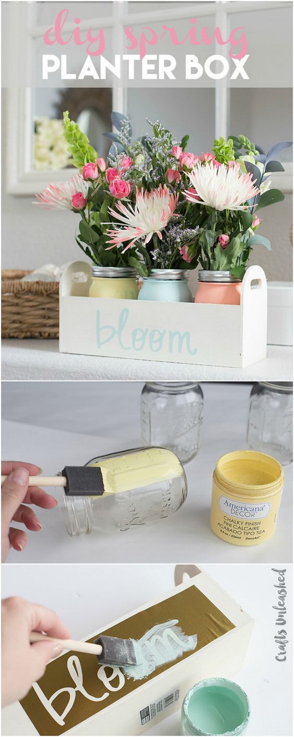Chalk Painted Mason Jar DIY Spring Planter Box. Create a lovely DIY planter box with chalky paint mason jars and some fresh flowers and add some color to your home this Spring season.
