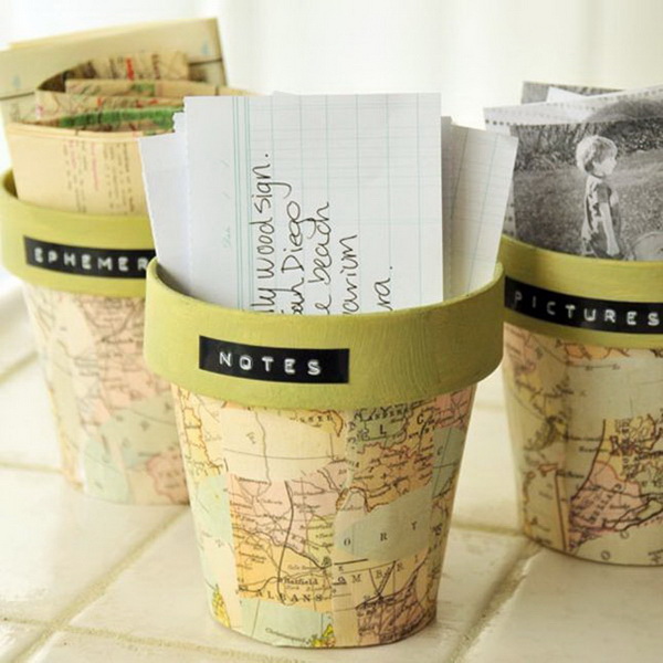 Map Pattern Pot Project. Finish off the simple flower pot project with map patterns for a fantastic and vintage outlook.