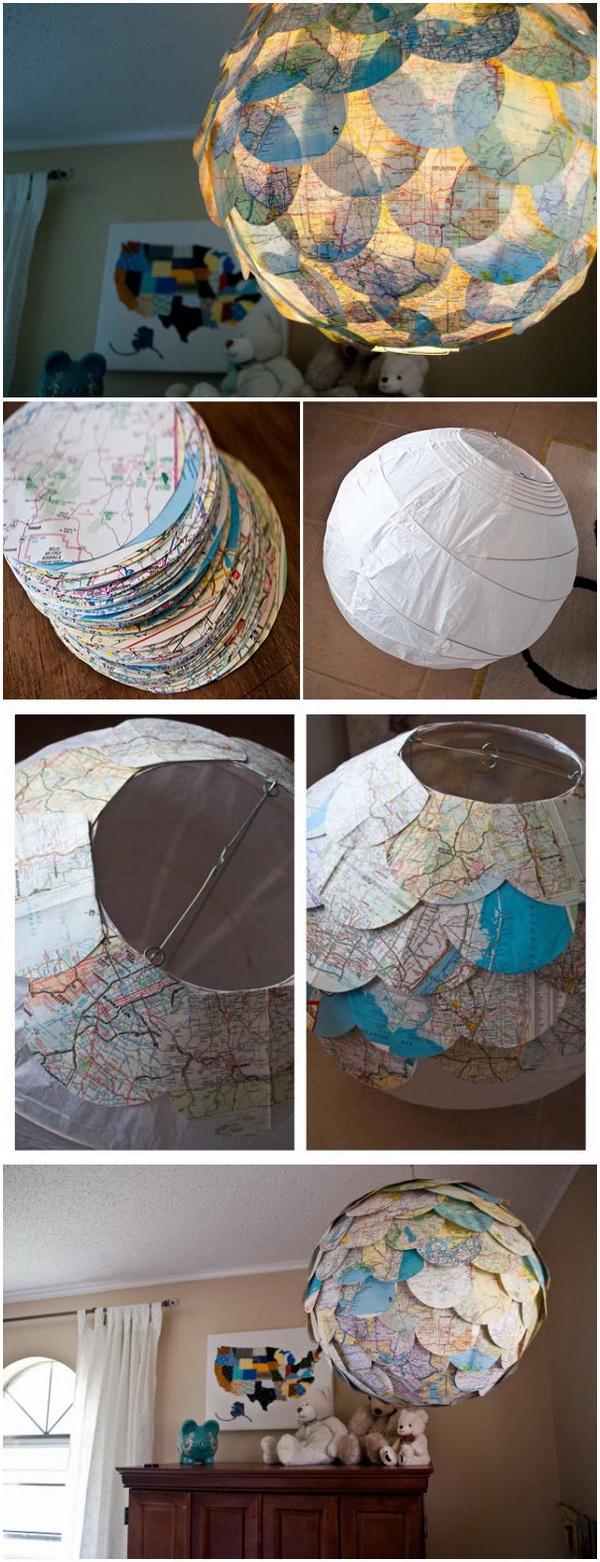 DIY Map Pendant Light. Turn a plain paper lantern into a personalized centerpiece for any room with the help of a handful of vintage map cutouts. 
