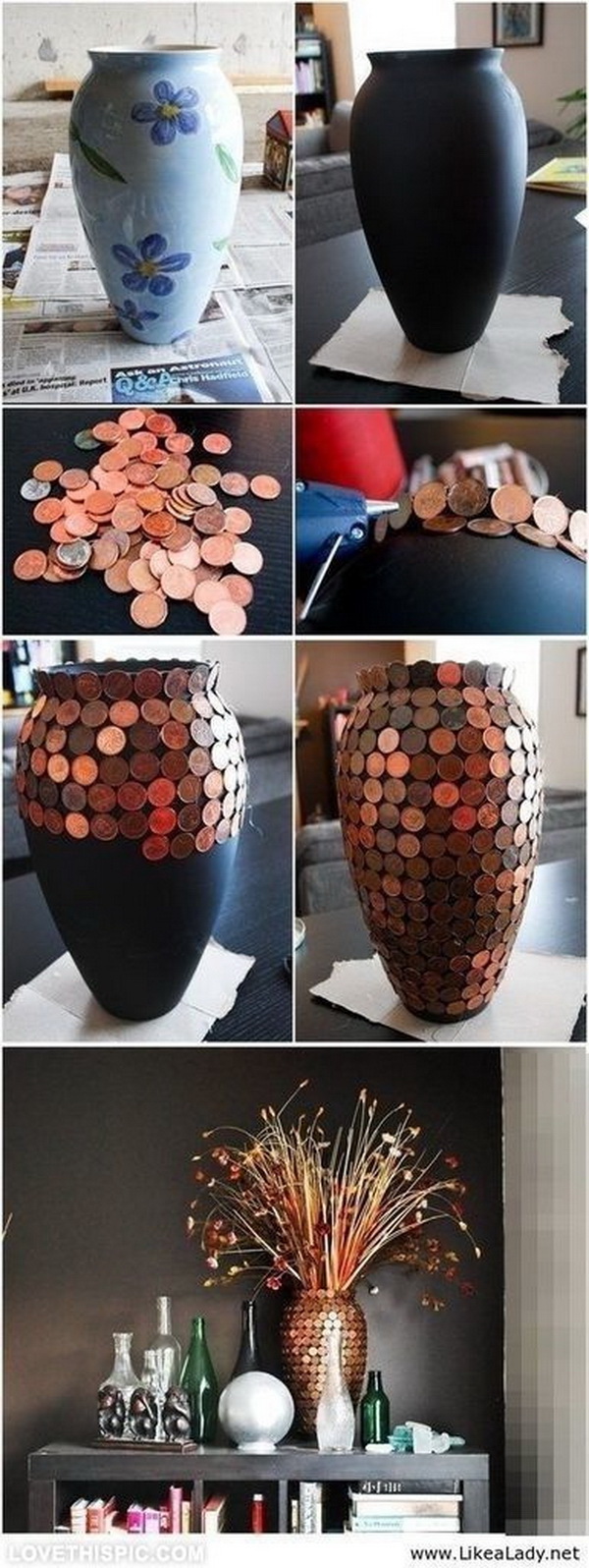 DIY Pennies Vase. Give the old vase an interesting look with the shining pennies. 