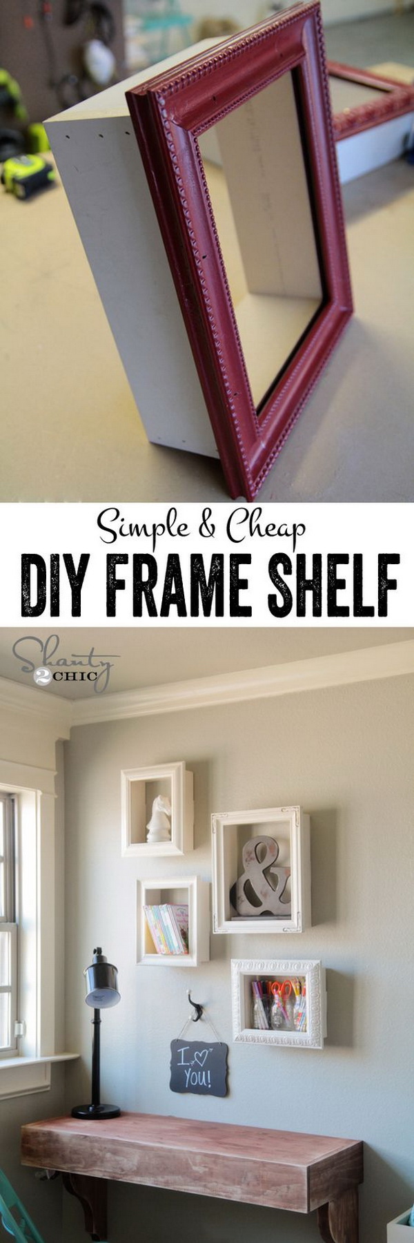 DIY Frame Shelves. Recycle the old frames into these creative shelves for display or storage!