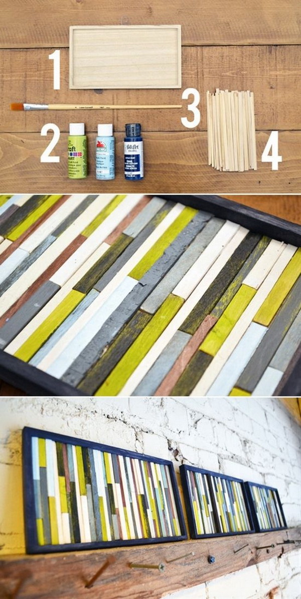 Framed Paint Sticks Wall Art. Make this simple but stunning wall art project with painted paint sticks. They would look amazing on your mantel. 