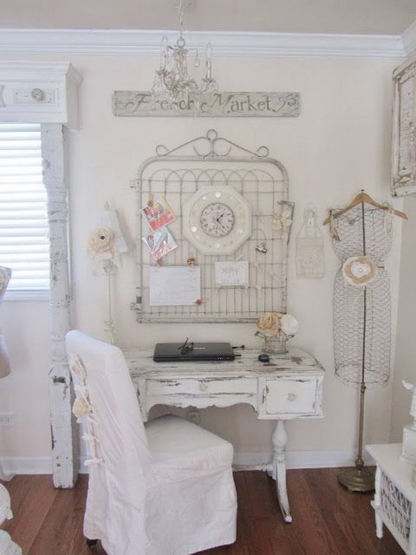 Yummy vintage whites, romantic farmhouse cottage style workplace. 