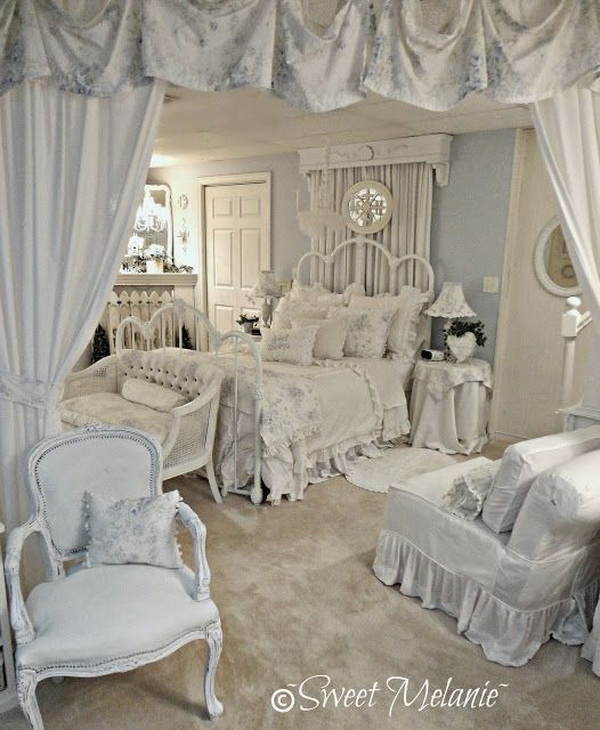 Gorgeously feminine bedroom decorated in the softest blue and white with hints of grey. 