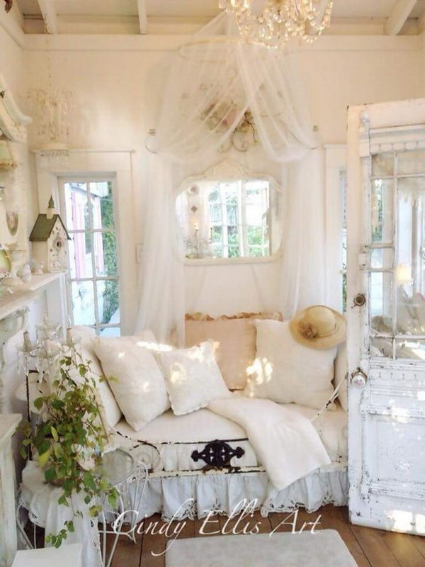 Antique furniture, vintage lamps and retro home accessories for a romatic feminine shabby chic bedroom. 