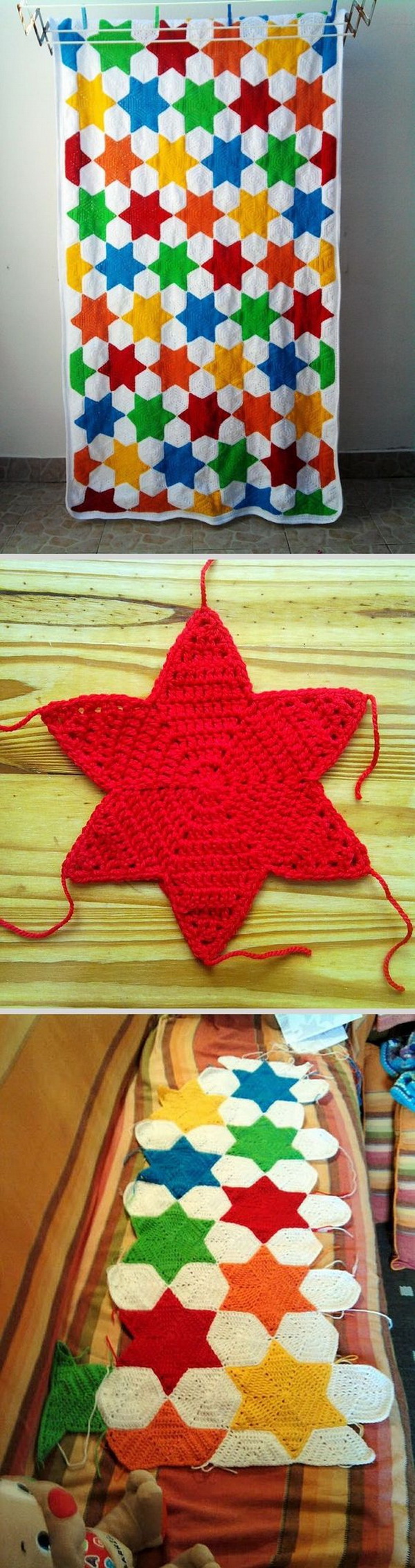 Hexagon Based Crochet Star Blanket. This crochet star blanket is made with lots of different coloured stars and hexagon based stitch patterns. It is a both functional and decorative item for your home. 