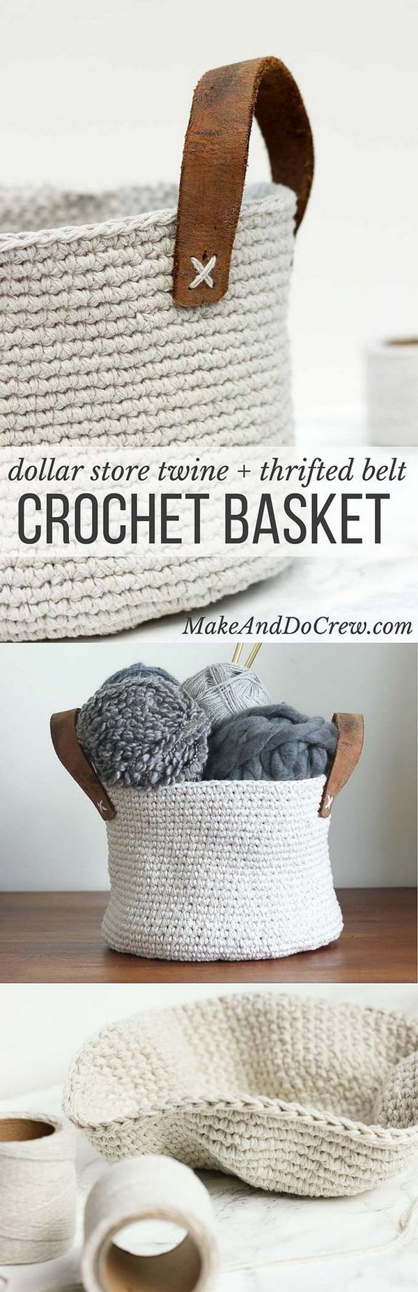 Crochet Storage Basket. Use inexpensive twine and leather to create a primitive, yet sophisticated home decor piece.