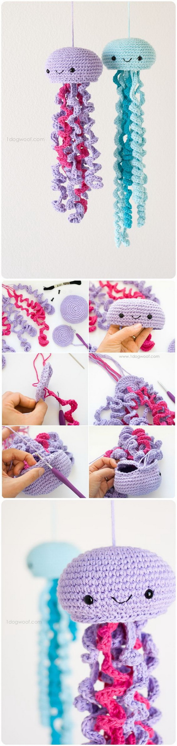 Crochet Amigurumi Jellyfish with Free Pattern. These colorful crochet jellyfish are just adorable and would look great when hanging in your kid's room. Crochet your own happy jellyfish inspired by this tutorial! 