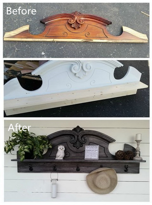 DIY Furniture Makeovers: Repurposed Hutch Top Into A Coat Rack Shelf. 