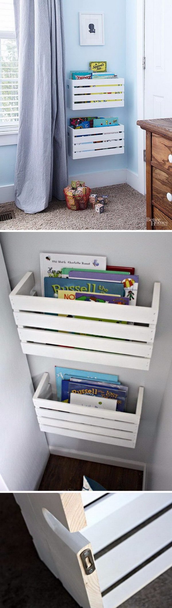 DIY Furniture Makeovers: Wall Mounted Crate Book Storage Shelves. 