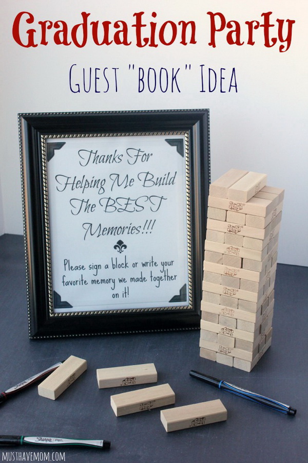 Graduation Party Guest Book. Get this unique and amazing guest book for the celebration party of your graduation. These are wooden blocks of rectangular shape on which the guest would sign and write some encouraging messages for the grad. 