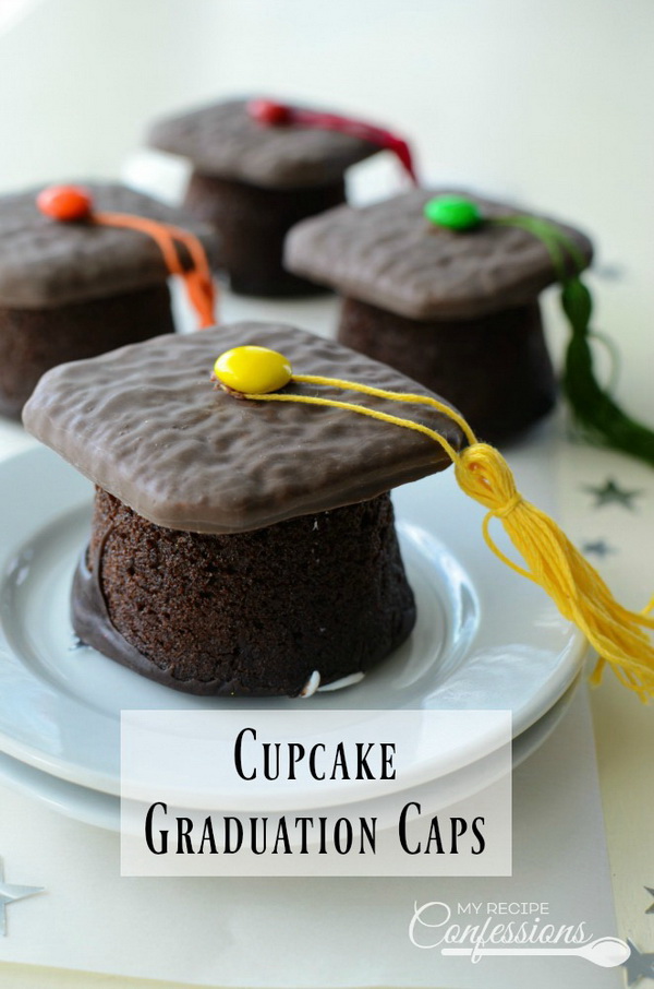 Cupcake Graduation Caps. It is super fun to make these adorable graduation cap cupcakes. It makes the perfect little homemade gift for the graduates or used as the party desserts for your graduation! 