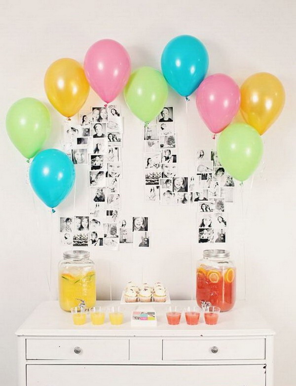 The Year in Photos Graduation Decor. Organize printed photos in the shape of your graduation year, then add festive-colored balloons for an added touch for your graduation decoration! 