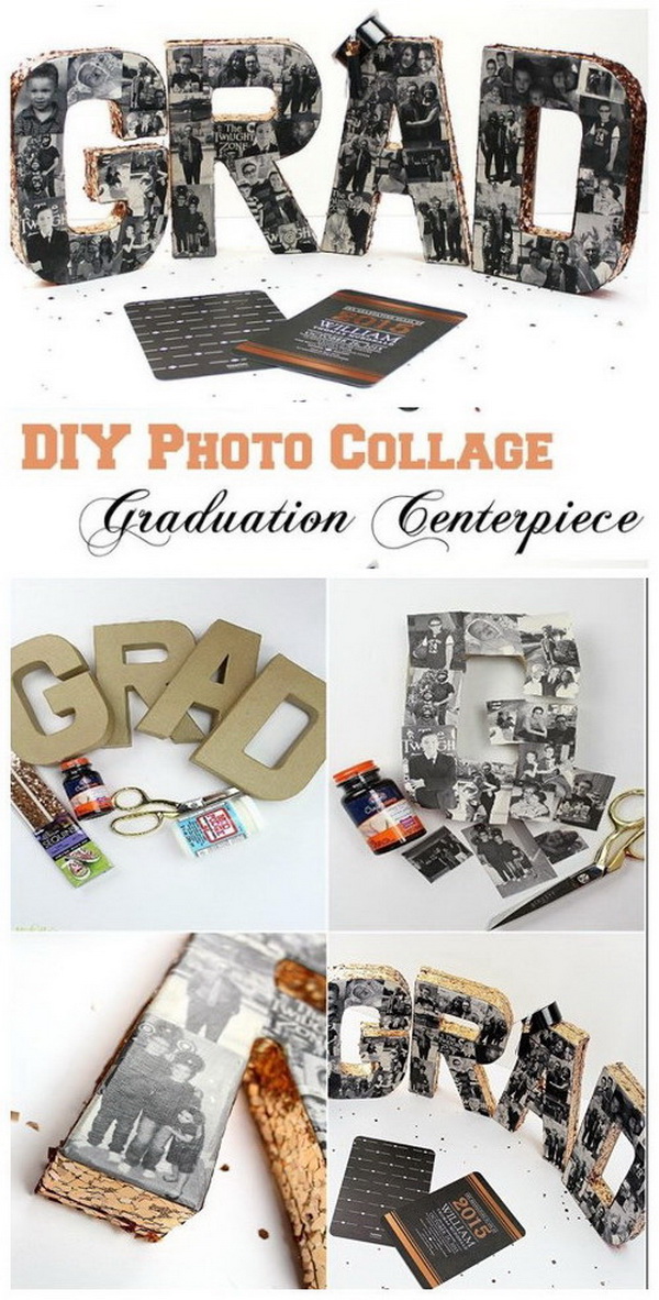 DIY Graduation Party Photo Collage. Another creative and decorative way to display your cherished photos during the collage with this fabulous and amazing GRAD lettered piece with photos. 