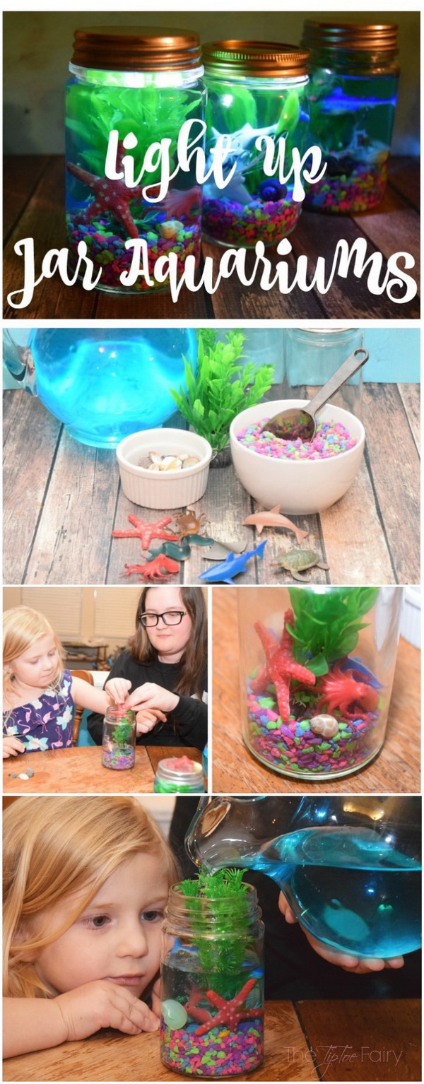 Easy Kids Craft Ideas: Light Up Mason Jar Aquariums. 