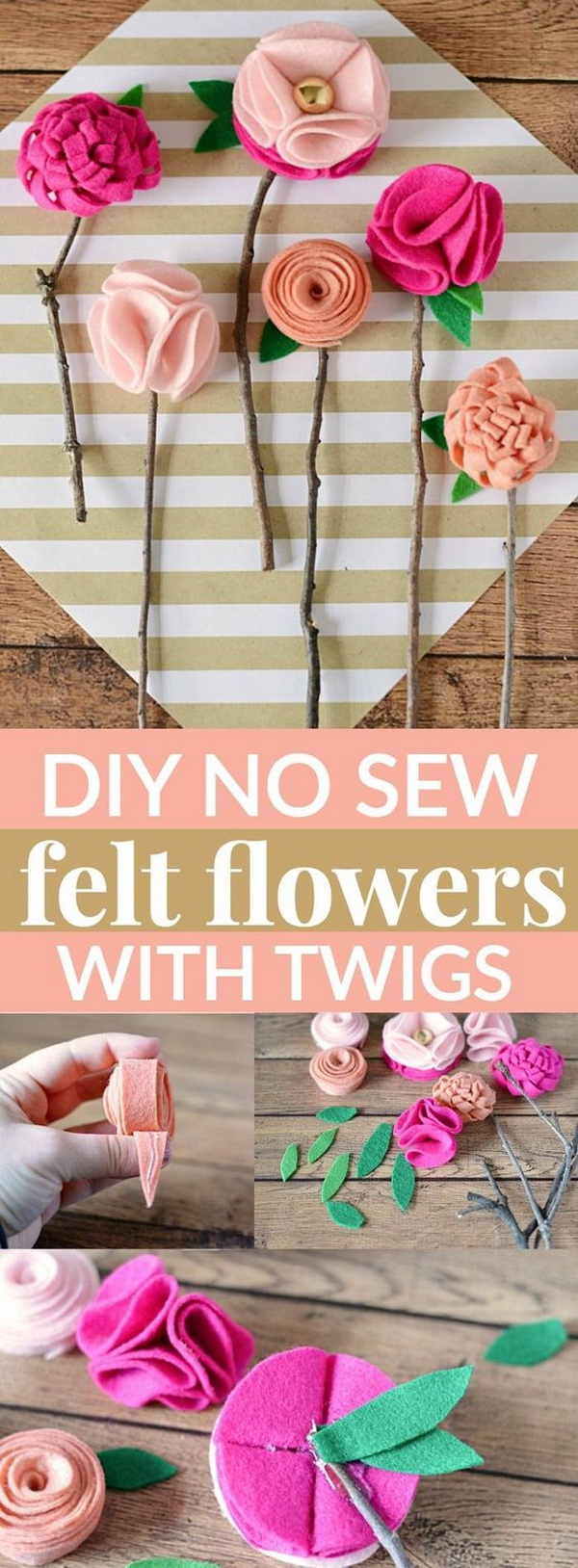 Easy Kids Craft Ideas: DIY No Sew Felt Flowers With Twigs. 