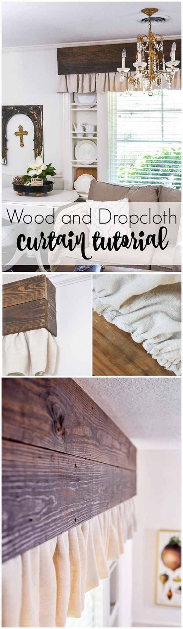 DIY Wood Valance and Dropcloth Curtains. 