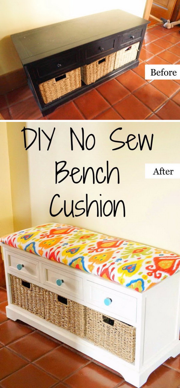 Funiture Makeovers: From Old Dresser to DIY No Sew Bench Cushion. 