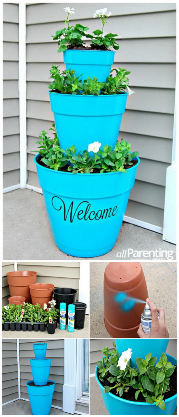 Stacked Pot Planter. Instead of sitting your potted plants on the porch, try to create this stacked planter and give your décor a bit of uniqueness. This is so easy to make and great for springtime decor with bright colors. 