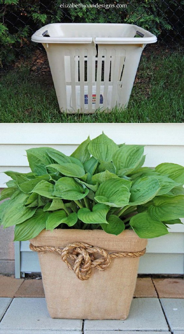 Repurposed Laundry Basket Planter. This is another creative use for the broken laundry basket. The burlap accents and the knot are the perfect touch. What a clever idea to turn trash into treasure! Might be good for a Mother’s Day gifts! 