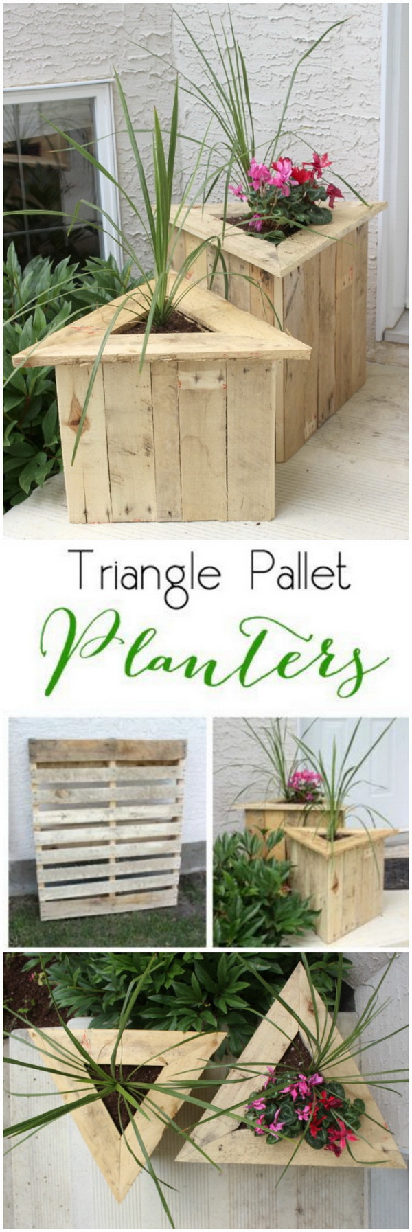 Triangle Pallet Planters. These triangle pallet planters are great for the porch or deck. Quick and easy to make with a bit of woodworking skills. 