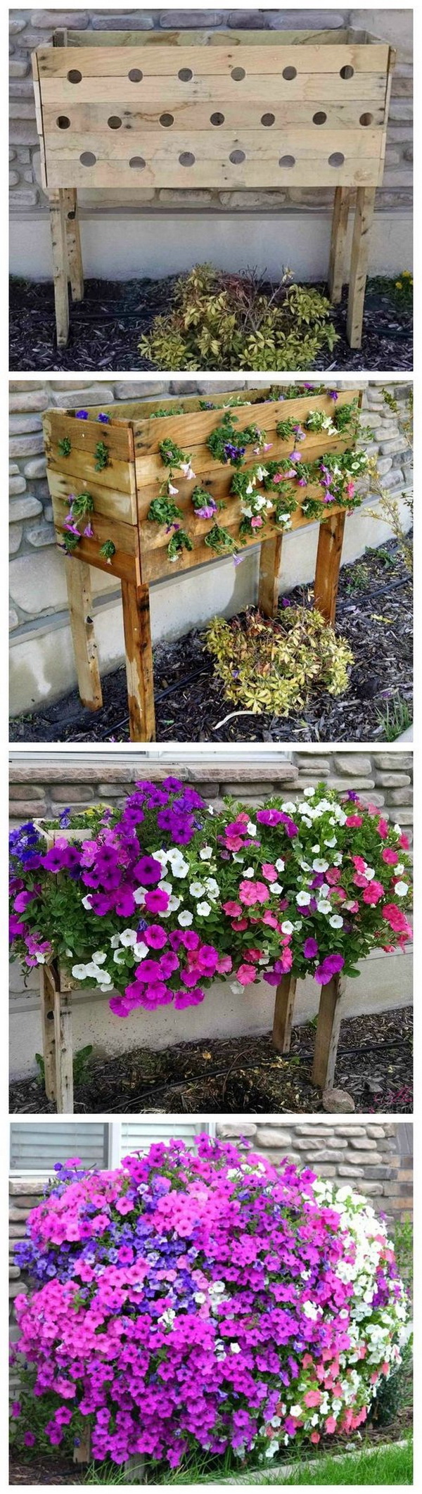 DIY Cascading Flower Pallet Planter Box. This awesome full cascading planter is a great way to add tons of color to your yard and adorn your plain window! 